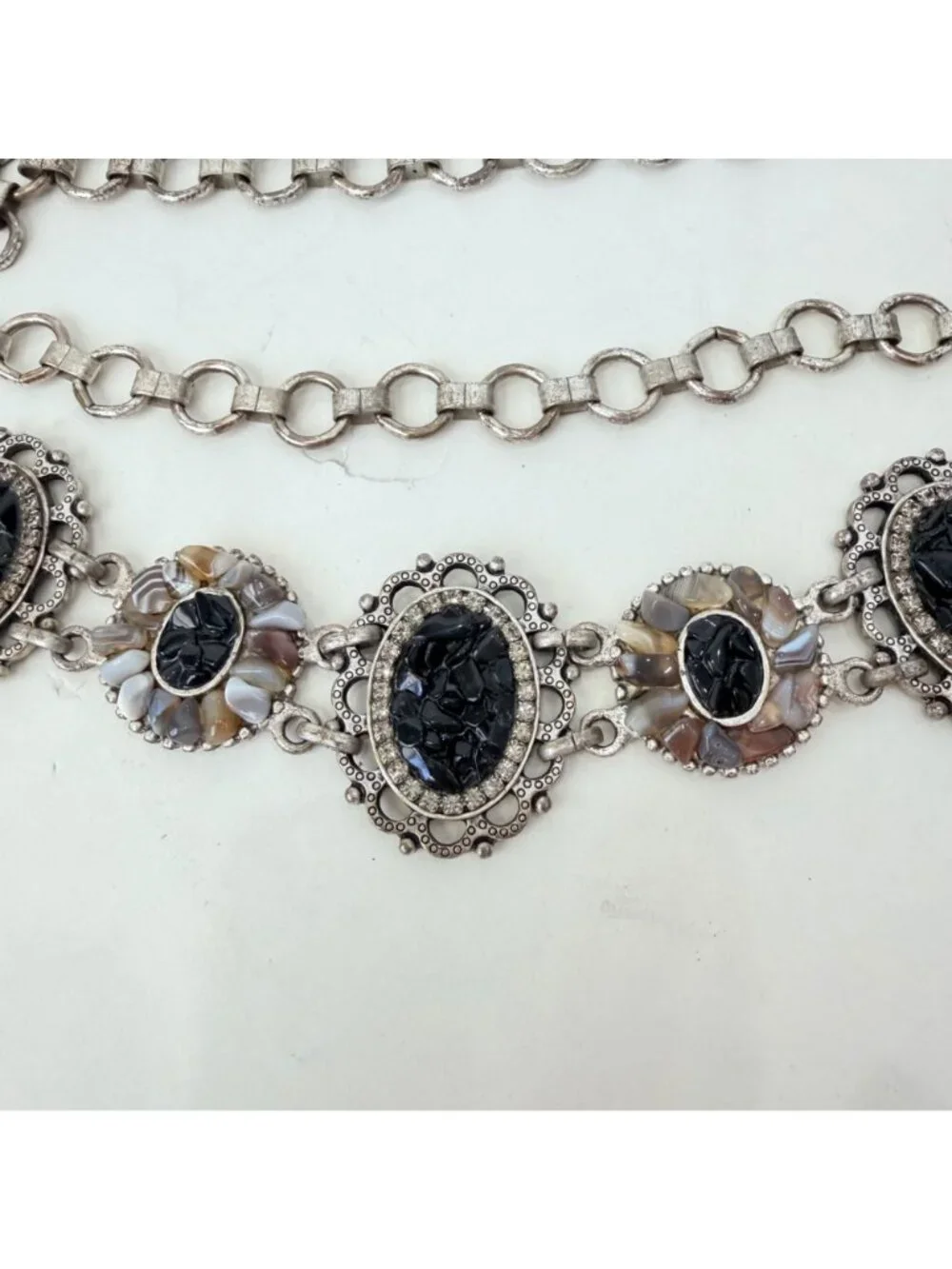 Vintage Boho Chain Belt Silver Tone Black Stone Concho Style Mosaic Adjustable